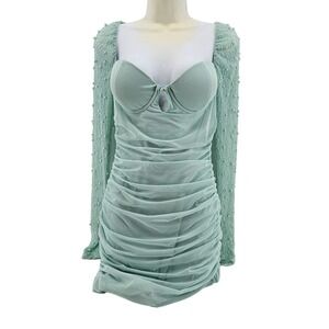 Oh Polly Mint Green Beaded Long Sleeve Ruched Mesh Bodycon Mini Dress Size 8 NYE